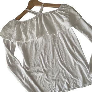 Chaser White Cotton Baby Ribbed Long Sleeve Shoulder Ruffle Top Size M